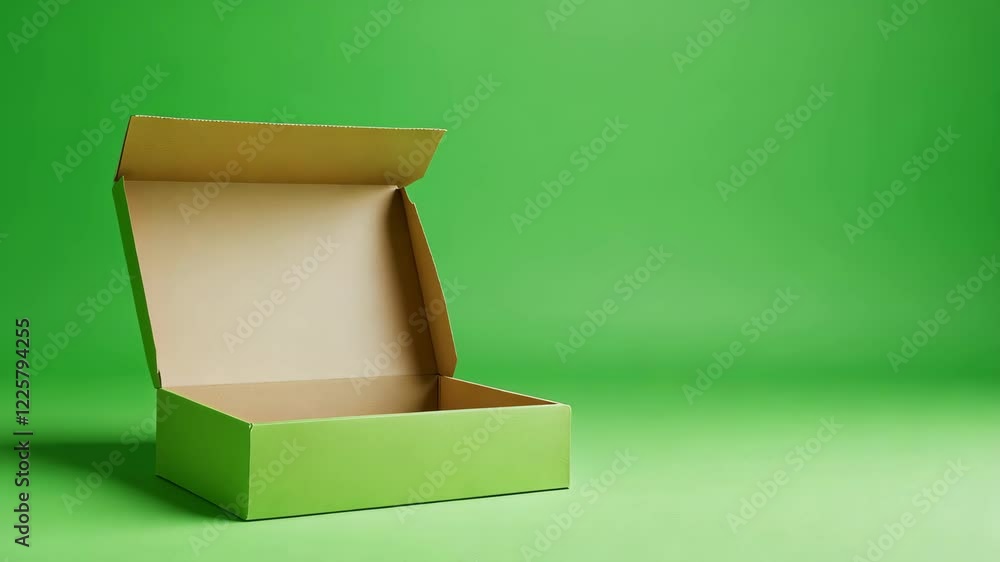 Poster open green box with integrated packaging design on a green screen background for modern product disp