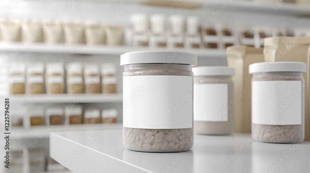 Aufkleber glass jar with blank label mockup standing on counter in grocery store