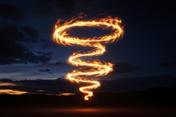 Twisted spirals of fire float gracefully in the dark night sky, creating a surreal spectacle. This breathtaking display defies gravity, captivating observers with its vibrant glow