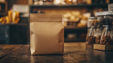 Blank brown paper bag standing up on wooden table with grocery store shelves in background