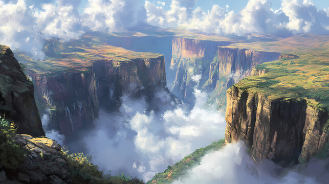 A captivating view of the swirling clouds and rugged landscape of the simien mountains in ethiopia, with dramatic cliffs and deep valleys, simien mountains scene. Enchanted Cliffs. Illustration