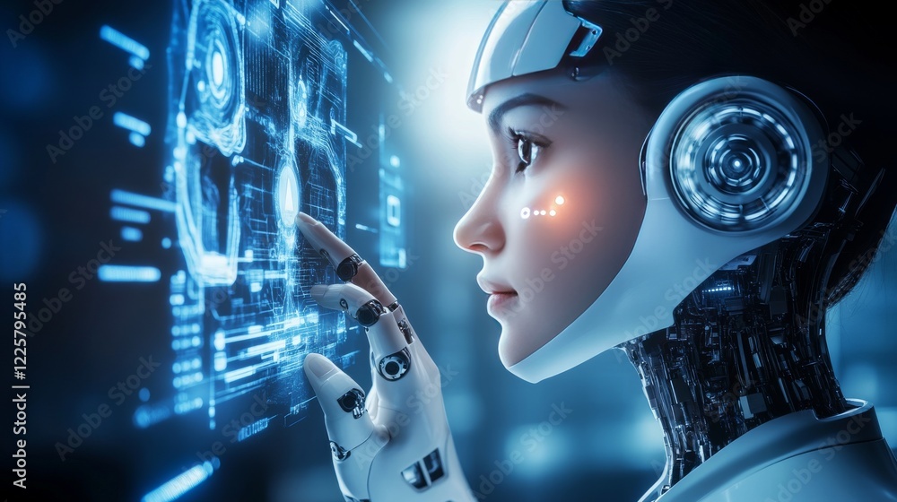 Poster robot cybernetic organism works with a virtual hud interface in augmented reality. humanoid robot wi