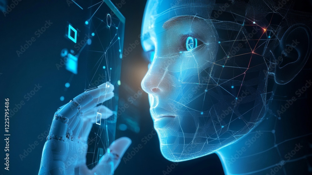 Poster robot cybernetic organism works with a virtual hud interface in augmented reality. humanoid robot wi