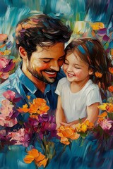 Vivid oil paint style of portrait of a happy family surrounded by colorful flowers.