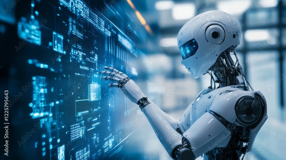 Poster robot cybernetic organism works with a virtual hud interface in augmented reality. humanoid robot wi