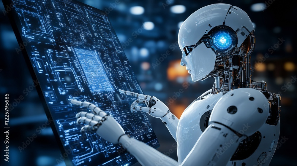 Poster robot cybernetic organism works with a virtual hud interface in augmented reality. humanoid robot wi