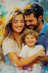 Vivid oil paint style of portrait of a happy family surrounded by colorful flowers.