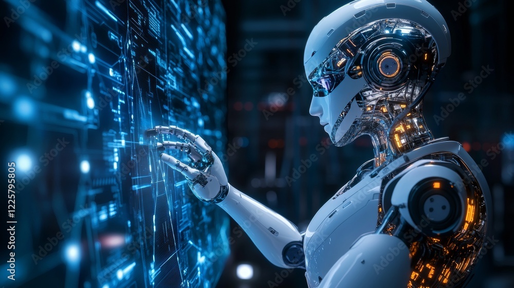 Poster robot cybernetic organism works with a virtual hud interface in augmented reality. humanoid robot wi