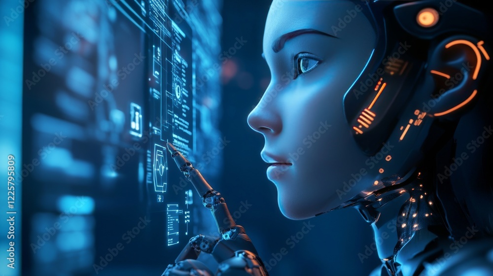 Poster robot cybernetic organism works with a virtual hud interface in augmented reality. humanoid robot wi