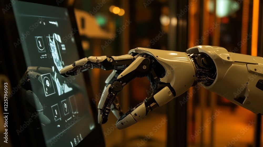 Poster the robot mechanical arm or hand presses the index finger on the button a virtual holographic interf