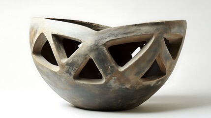 A triangular pot with cut-out sections creating an abstract design
