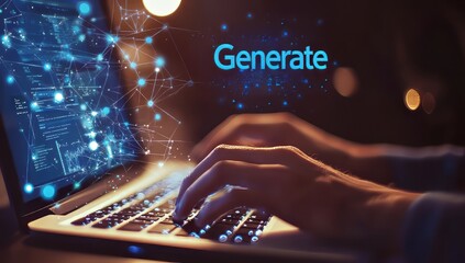 This image features a pair of hands on a laptop while a floating, animated 'Generate' text in blue bursts into particles, symbolizing creativity, technology, and connection in a digital world.