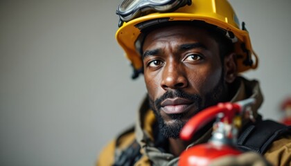 Fototapeta premium African adult male firefighter wearing helmet holding fire extinguisher