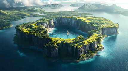 Aerial view of unique island with lush green cliffs and central lagoon, surrounded by ocean. nature beauty is captivating and serene. Enchanted Cliffs. Illustration