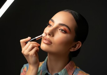 Obraz premium Young hispanic female applying makeup with brush in studio setting