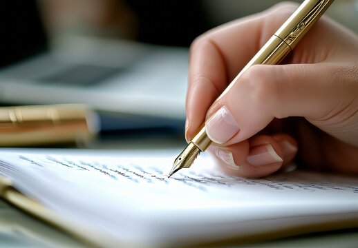 An elegant hand gently holds a fountain pen, gracefully writing in a journal, embodying the beauty of handwriting as a form of art and personal expression in a serene environment.