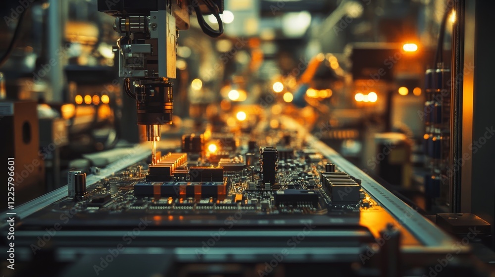 Poster automatic pick and place machine quickly installs components on generic circuit board. electronics a