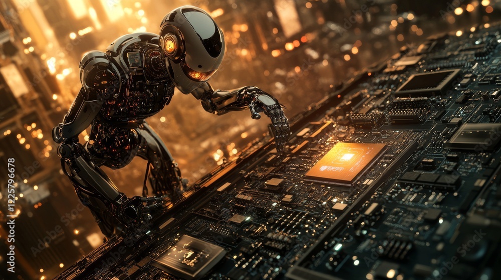 Poster automatic pick and place machine quickly installs components on generic circuit board. electronics a