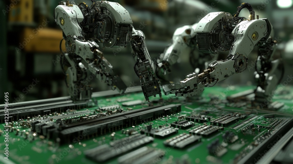 Poster automatic pick and place machine quickly installs components on generic circuit board. electronics a