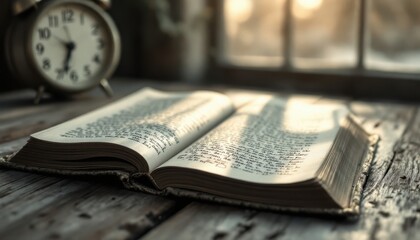 Vintage open book on wooden table near window with soft morning light