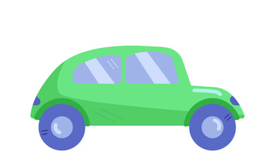 Green cartoon car. Vector illustration, element, icon for design, print, textile, children's rooms, clothing. Chidren's toy isolated on white background.