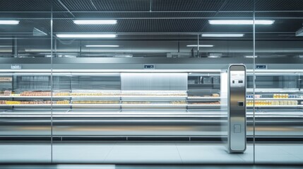 Obraz premium Refrigerated display cabinets Refrigeration chamber for food storage in a supermarket Cold stores in an empty supermarket Refrigerator control system Shield for control Cooling control cabinet