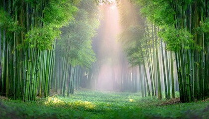 아침 안개에 둘러싸인 대나무 숲