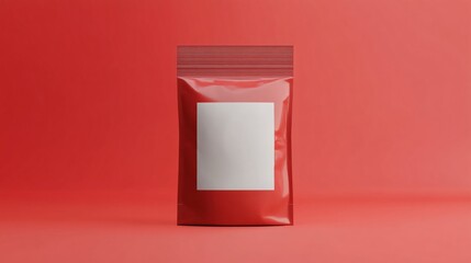 Red doypack packaging standing up with blank label on red background