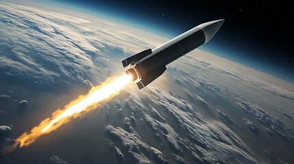 Paper art style of rocket flying over the earth, start up concept, flat-style vector illustration.