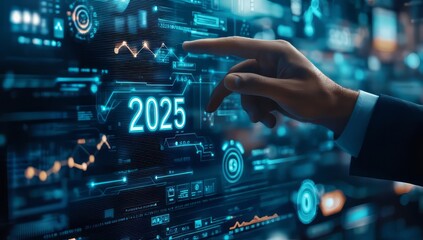An engaging close-up of a hand pointing at a digital interface showcasing vital statistics for 2025, highlighting the seamless interaction with modern data analytics.