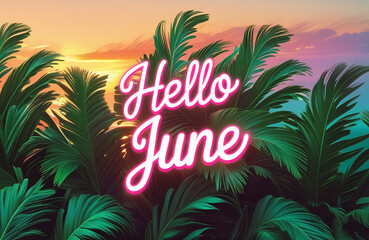 Hello June vivid summer vibes with tropical palm leaves