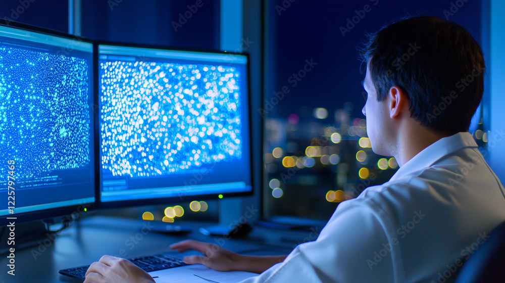 Aufkleber systems analyst working late in hi-tech development lab