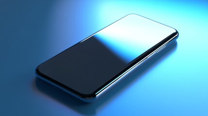Modern black smart phone lies on a smooth dark blue surface or table in perspective view. Realistic vector illustration isometric smartphone. New shiny mobile cellphone with reflection on the screen