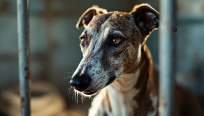 Obraz premium Close-up portrait of a brindle greyhound with soft lighting in a subdued background