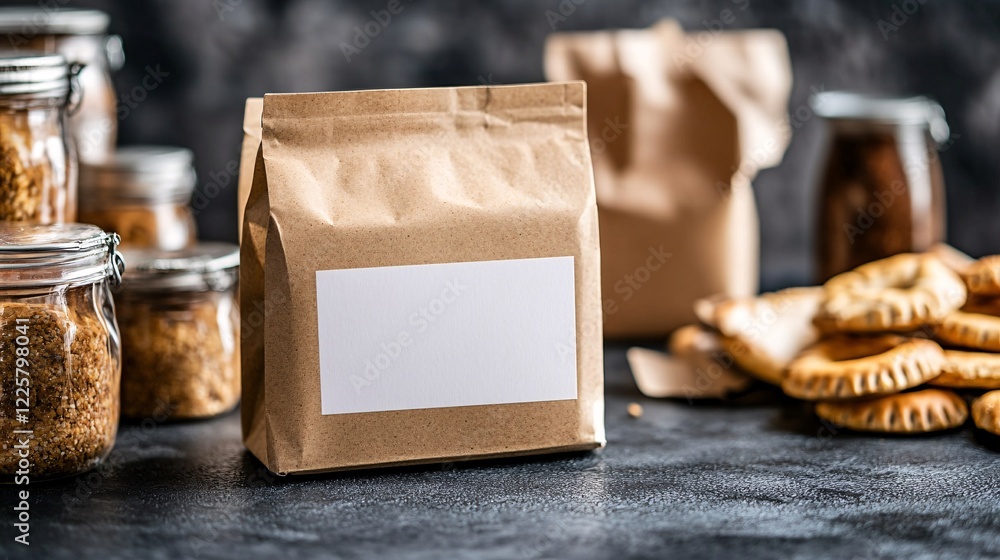 Poster Paper bag with blank label standing on dark table with jars of food in background