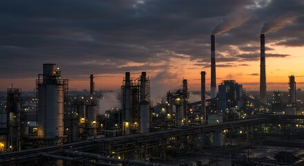 Fototapeta premium Industrial Refinery Sunset Landscape Dramatic View