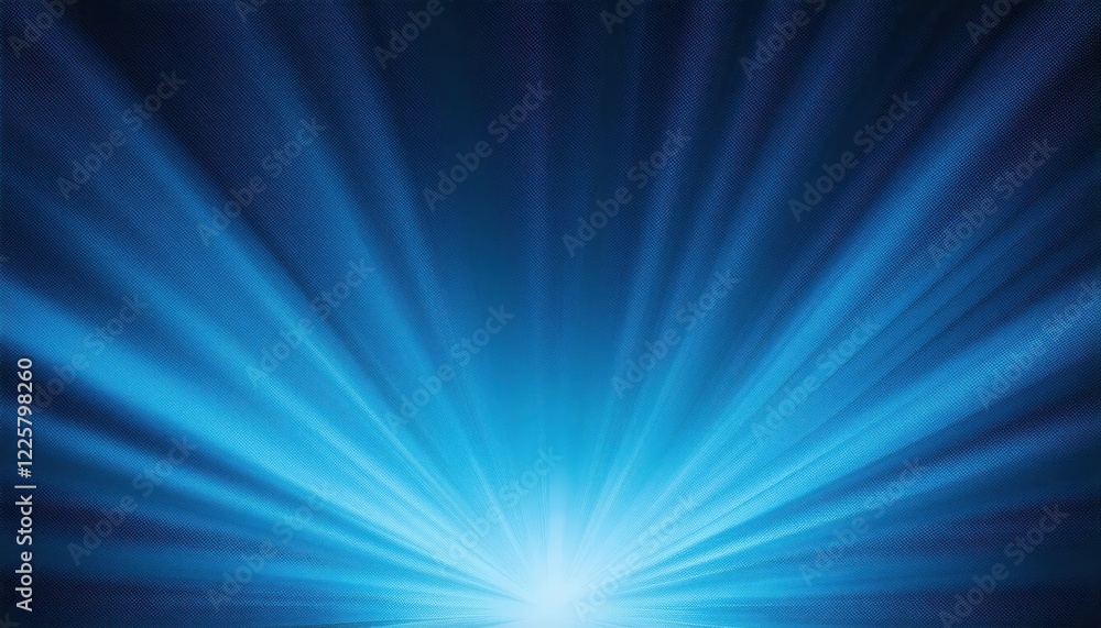 Poster striking grainy gradient texture design with light blue rays on dark blue background, emitting a coo