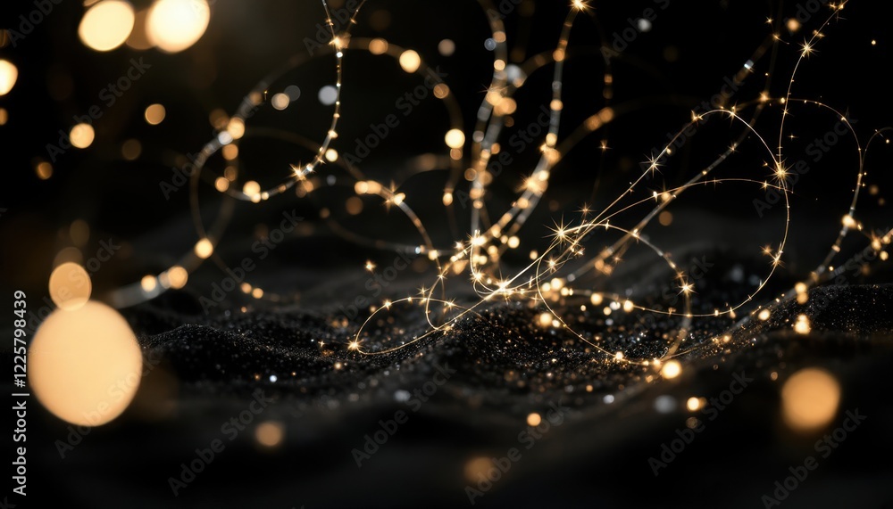 Poster glowing twinkling lights on dark background with sparkling strands