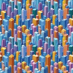 Vibrant isometric illustration of colorful urban skyscrapers in a dense pattern