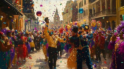 Obraz premium Festive Mardi Gras parade with dancing performers, colorful costumes, and confetti filling the streets in a joyful celebration