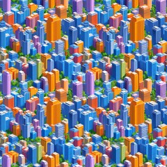 Vibrant isometric illustration of colorful urban skyscrapers in a dense pattern