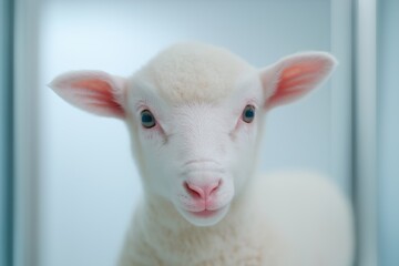 Fototapeta premium A baby sheep with its head turned to the side. The sheep is white and has big, bright eyes