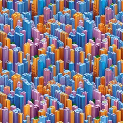 Vibrant isometric illustration of colorful urban skyscrapers in a dense pattern