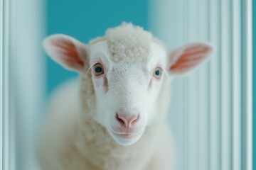 Fototapeta premium A white sheep with blue eyes stares at the camera. The sheep is in a cage with white bars
