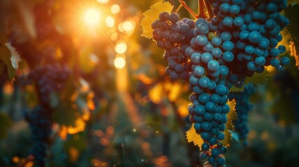 Vineyard with ripe blue grapes hanging on vines, sunlight filtering through leaves, close-up of grape clusters, agricultural harvest season, lush nature scene, wine-making concept.

