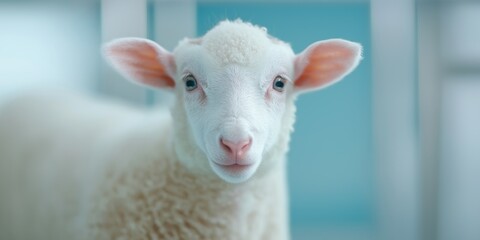 Fototapeta premium A white sheep with its head turned to the side. The sheep is looking at the camera. The sheep is in a blue room
