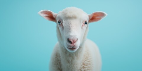 Fototapeta premium A white sheep is staring at the camera. The sheep has a blue background. The sheep is looking directly at the camera
