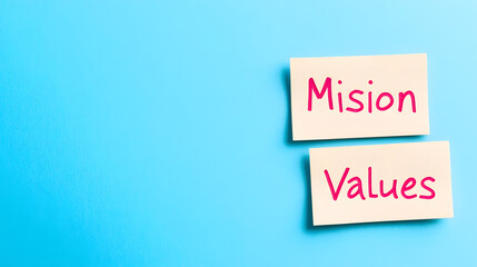 Professional top-view composition featuring a single sticky note with the text 'Mission, Vision, Values,' symbolising strategic goals and organisational principles