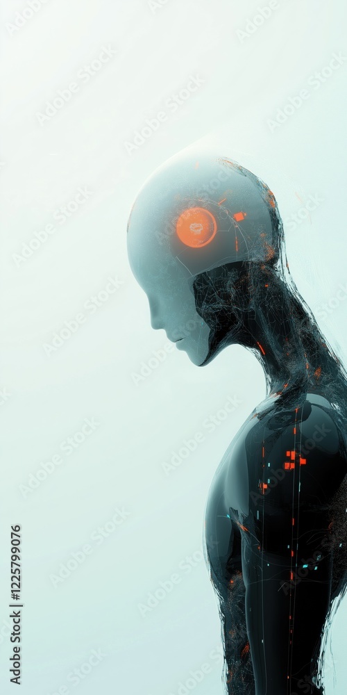 Poster a man with a head that is made of computer chips. the head is black and orange. the man is standing 