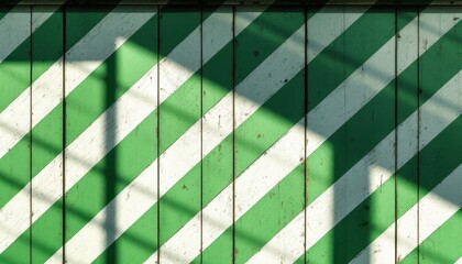 Green and white diagonal stripes with light and shadow patterns on wooden surface